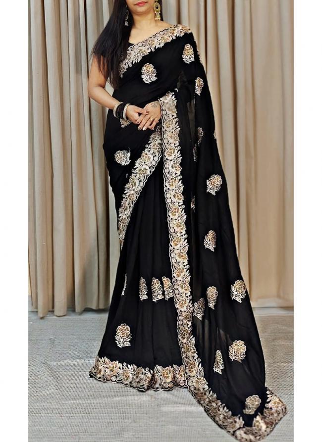 Vichitra Black Traditional Wear Embroidery Work Saree